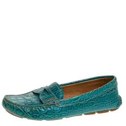 Pre Owned Prada Teal Croc Embossed Leather Penny Loafers Size 37