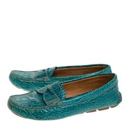 Pre Owned Prada Teal Croc Embossed Leather Penny Loafers Size 37