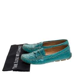 Pre Owned Prada Teal Croc Embossed Leather Penny Loafers Size 37