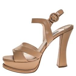 Pre Owned Prada Beige Patent Leather Platform Ankle Strap Sandals Size 38.5