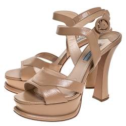 Pre Owned Prada Beige Patent Leather Platform Ankle Strap Sandals Size 38.5
