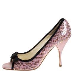 Pre Owned Prada Pink Satin Sequin Embellished Bow Detail Peep Toe Pumps Size 38.5