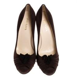 Pre Owned Prada Brown Suede Leather Flower Peep Toe Platform Pumps Size 38