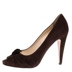Pre Owned Prada Brown Suede Leather Flower Peep Toe Platform Pumps Size 38