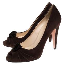 Pre Owned Prada Brown Suede Leather Flower Peep Toe Platform Pumps Size 38