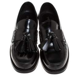 Pre Owned Prada Black Leather Tassel Detail Slip On Loafers Size 39.5
