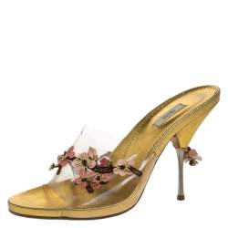 Prada Multicolor PVC and Leather Flower Embellished Slide Sandals Size 38.5