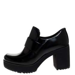 Pre Owned Prada Black Leather Block Heel Platform Loafer Pumps Size 37.5