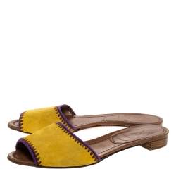 Pre Owned Prada Yellow Suede Leather Flat Slides Size 40.5