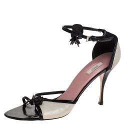 Prada Black/Off White Leather Floral Embellished Ankle Strap Sandals Size 39