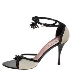Prada Black/Off White Leather Floral Embellished Ankle Strap Sandals Size 39