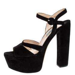 Pre Owned Prada Black Suede Ankle Strap Block Heel Platform Sandals Size 39