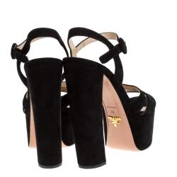 Pre Owned Prada Black Suede Ankle Strap Block Heel Platform Sandals Size 39