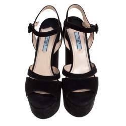 Pre Owned Prada Black Suede Ankle Strap Block Heel Platform Sandals Size 39