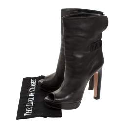 Pre Owned Prada Black Leather Peep Toe Platform Ankle Boots Size 37.5