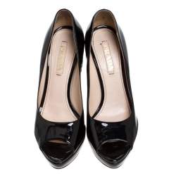Pre Owned Prada Black Patent Peep Toe Platform Pumps Size 38