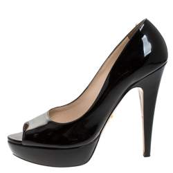 Pre Owned Prada Black Patent Peep Toe Platform Pumps Size 38