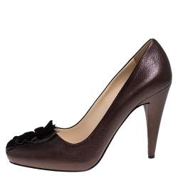 Pre Owned Prada Bronze Leather Ruffle Detail Round Toe Pumps Size 36