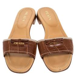 Pre Owned Prada Brown Croc Embossed Leather Bow Flat Slides Size 39