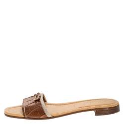 Pre Owned Prada Brown Croc Embossed Leather Bow Flat Slides Size 39