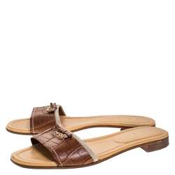 Pre Owned Prada Brown Croc Embossed Leather Bow Flat Slides Size 39