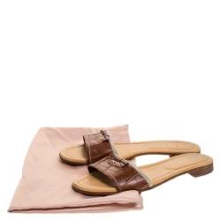 Pre Owned Prada Brown Croc Embossed Leather Bow Flat Slides Size 39