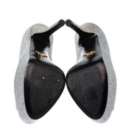 Pre Owned Prada Silver Glitter Fabric Peep Toe Platform Pumps Size 38.5