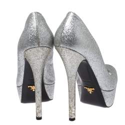 Pre Owned Prada Silver Glitter Fabric Peep Toe Platform Pumps Size 38.5