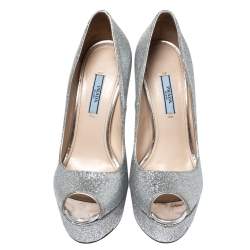 Pre Owned Prada Silver Glitter Fabric Peep Toe Platform Pumps Size 38.5