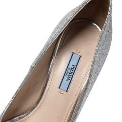 Pre Owned Prada Silver Glitter Fabric Peep Toe Platform Pumps Size 38.5
