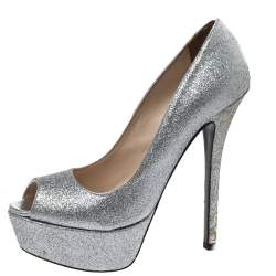 Pre Owned Prada Silver Glitter Fabric Peep Toe Platform Pumps Size 38.5