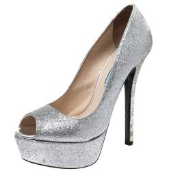 Pre Owned Prada Silver Glitter Fabric Peep Toe Platform Pumps Size 38.5