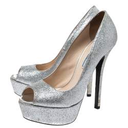 Pre Owned Prada Silver Glitter Fabric Peep Toe Platform Pumps Size 38.5