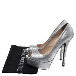 Pre Owned Prada Silver Glitter Fabric Peep Toe Platform Pumps Size 38.5