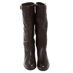 Pre Owned Prada Brown Leather Block Heel Knee Length Boots Size 39