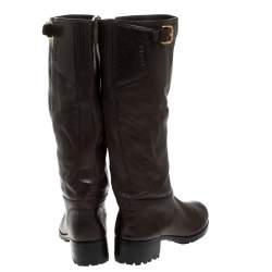 Pre Owned Prada Brown Leather Block Heel Knee Length Boots Size 39