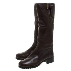 Pre Owned Prada Brown Leather Block Heel Knee Length Boots Size 39