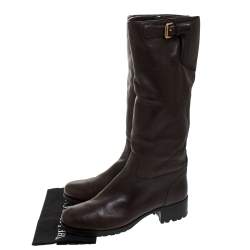Pre Owned Prada Brown Leather Block Heel Knee Length Boots Size 39