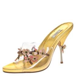 Prada Gold Floral Applique PVC Slide Sandals Size 39