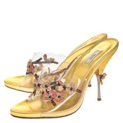 Prada Gold Floral Applique PVC Slide Sandals Size 39