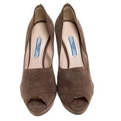 Pre Owned Prada Beige Pleated Suede Peep Toe Pumps Size 38
