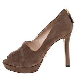 Pre Owned Prada Beige Pleated Suede Peep Toe Pumps Size 38