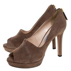 Pre Owned Prada Beige Pleated Suede Peep Toe Pumps Size 38