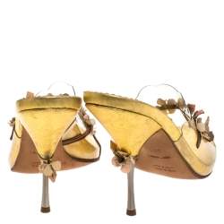 Prada Metallic Gold Leather And PVC Leather Flower Embellished Slide Sandals Size 39.5