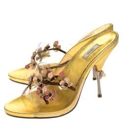 Prada Metallic Gold Leather And PVC Leather Flower Embellished Slide Sandals Size 39.5