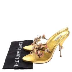 Prada Metallic Gold Leather And PVC Leather Flower Embellished Slide Sandals Size 39.5