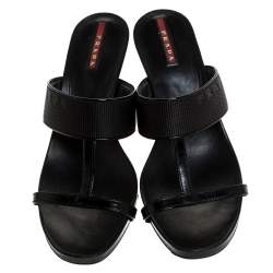 Pre Owned Prada Black Patent Leather And Nylon T-Strap Wedge Slide Sandals Size 38.5