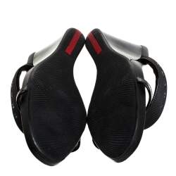 Pre Owned Prada Black Patent Leather And Nylon T-Strap Wedge Slide Sandals Size 38.5