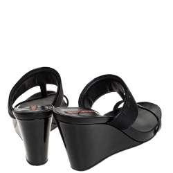 Pre Owned Prada Black Patent Leather And Nylon T-Strap Wedge Slide Sandals Size 38.5