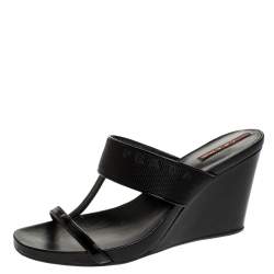 Pre Owned Prada Black Patent Leather And Nylon T-Strap Wedge Slide Sandals Size 38.5